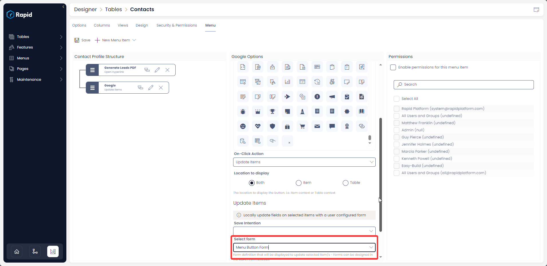 Select the update form